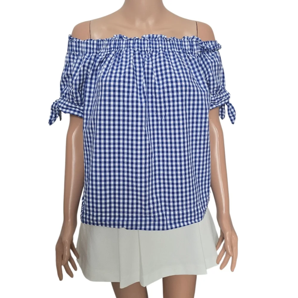 J.Crew Off the Shoulder Top in Gingham Blue Sapphire White Cotton Tie Knots